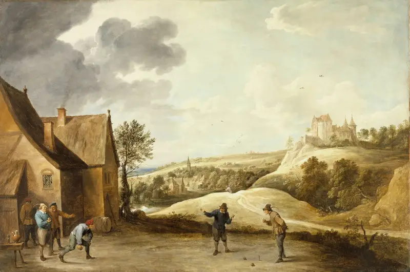 Landscape with Peasants Playing Bowls outside an Inn David Teniers the Younger